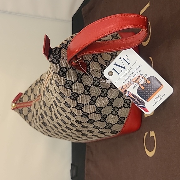 GUCCI VINTAGE ULTRA RARE 1990’S GG CANVAS THREE WAY CONVERTIBLE BAG NAVY/RED/TAN - Picture 11 of 17
